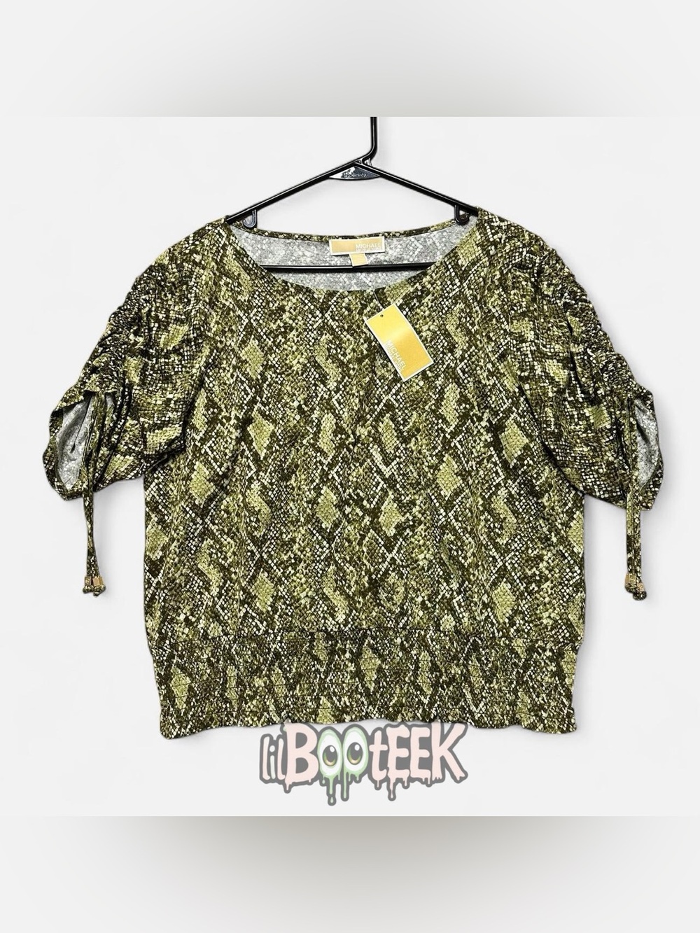 Michael Kors Olive Snake-Print Knit Short Sleeve Blouse